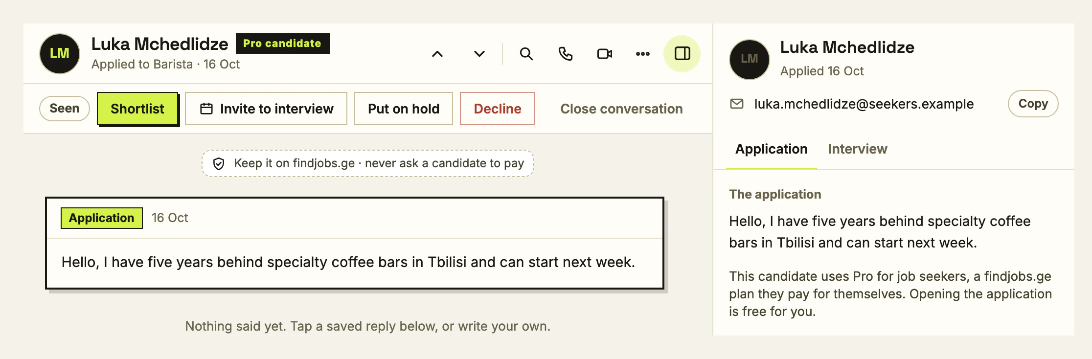 An application opened by an employer: the candidate’s name with a Pro candidate mark, the message, and a line saying the application was free to open.