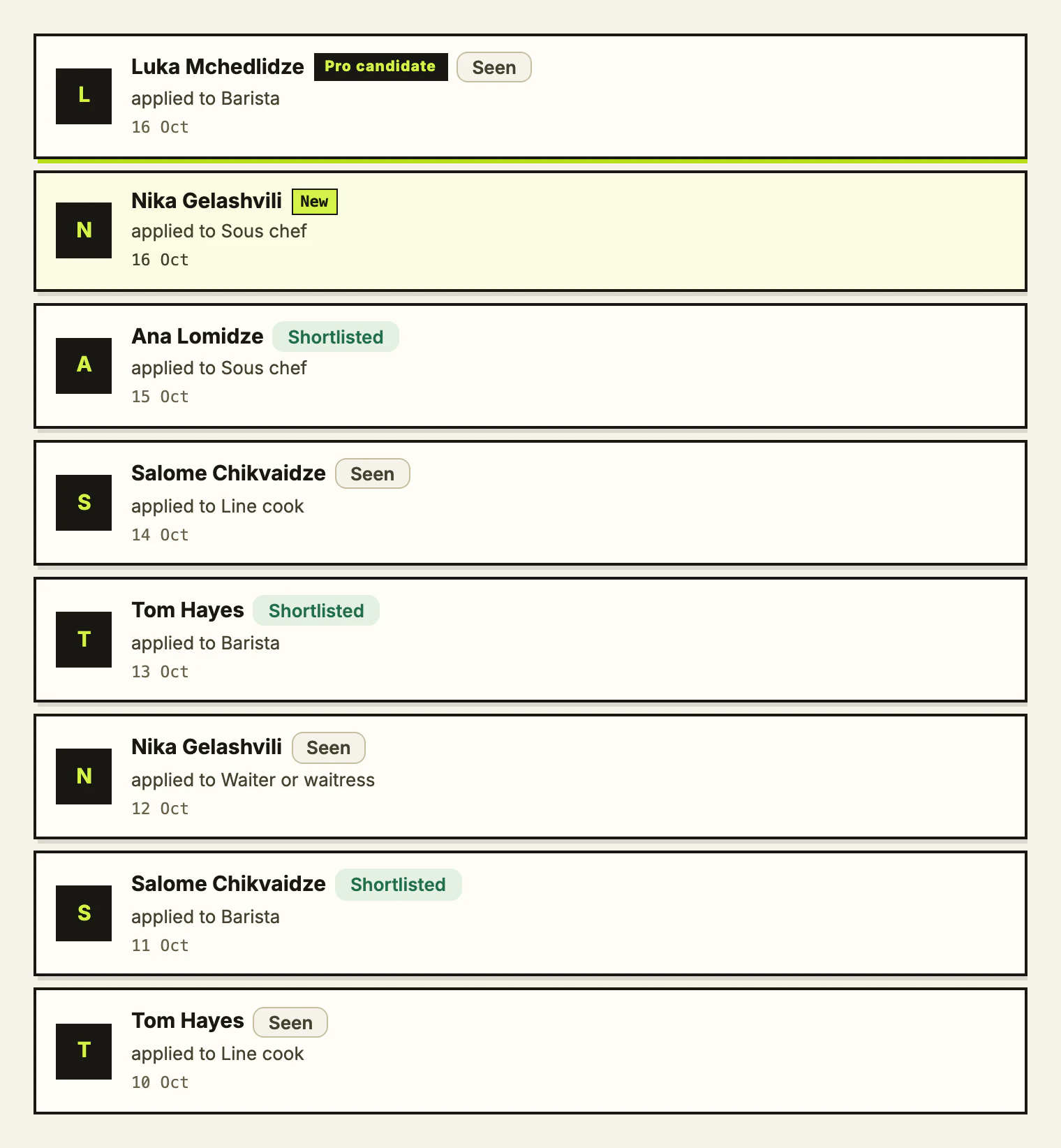 An employer’s list of applicants, with a Pro candidate mark beside one of the names.