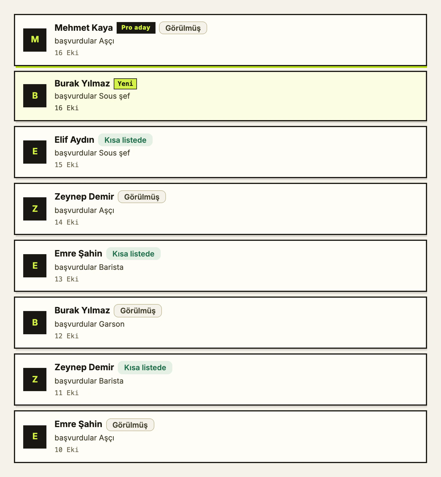 Bir işverenin başvuru listesi, isimlerden birinin yanında “Pro aday” işareti.