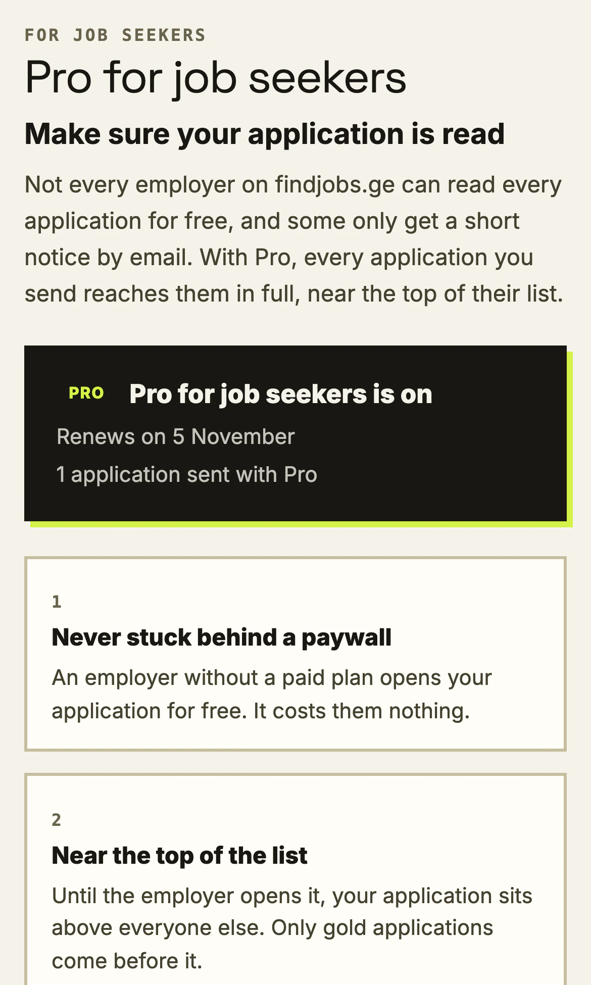 The Pro page on a phone with Pro switched on.