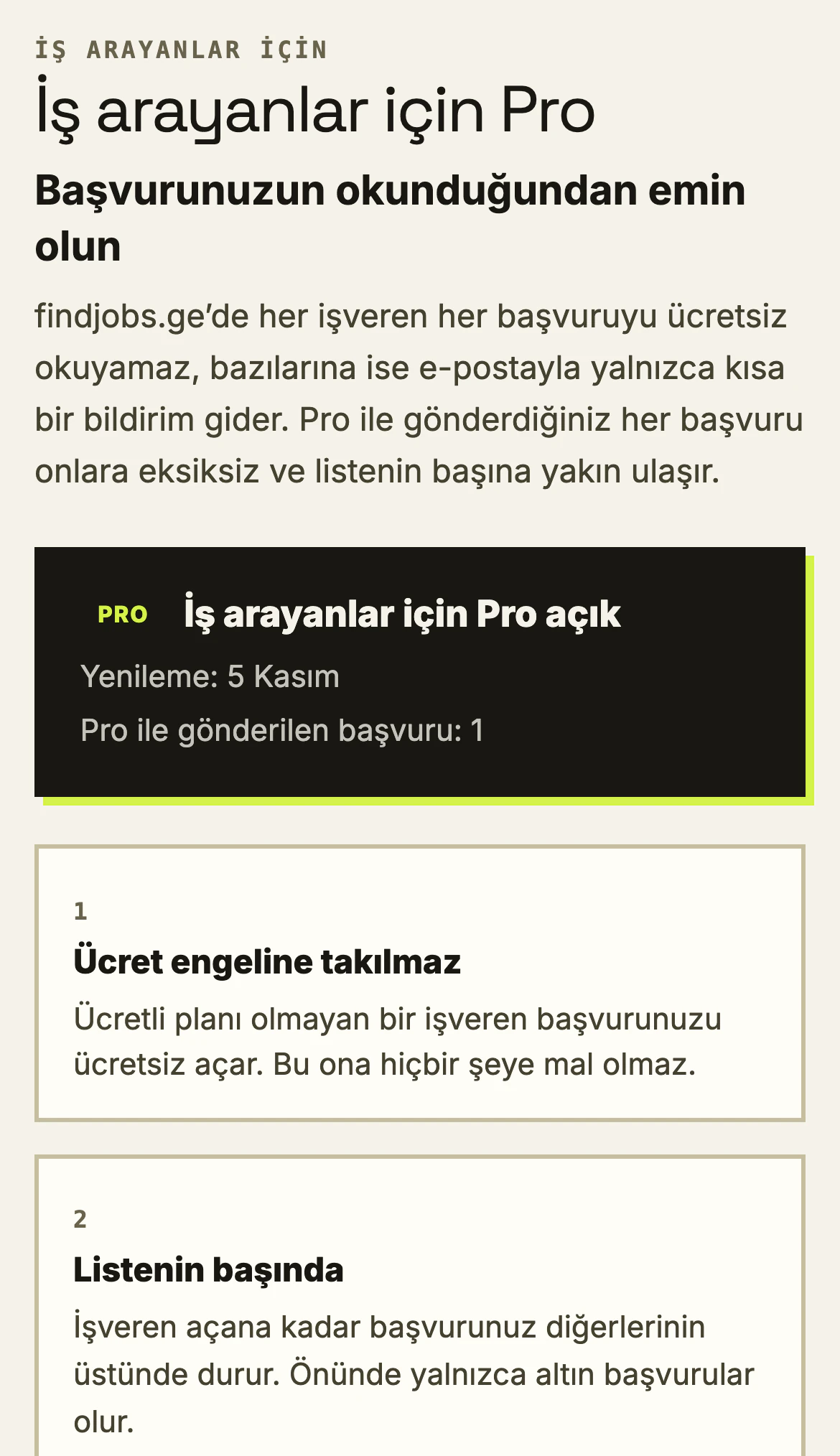 Pro açıkken telefonda Pro sayfası.