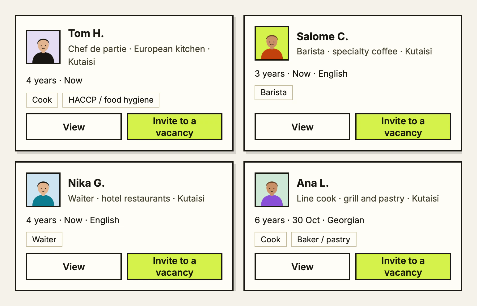 The Candidates list on a computer: job seekers by trade and city, each with first name and initial, the job they do and when they can start.