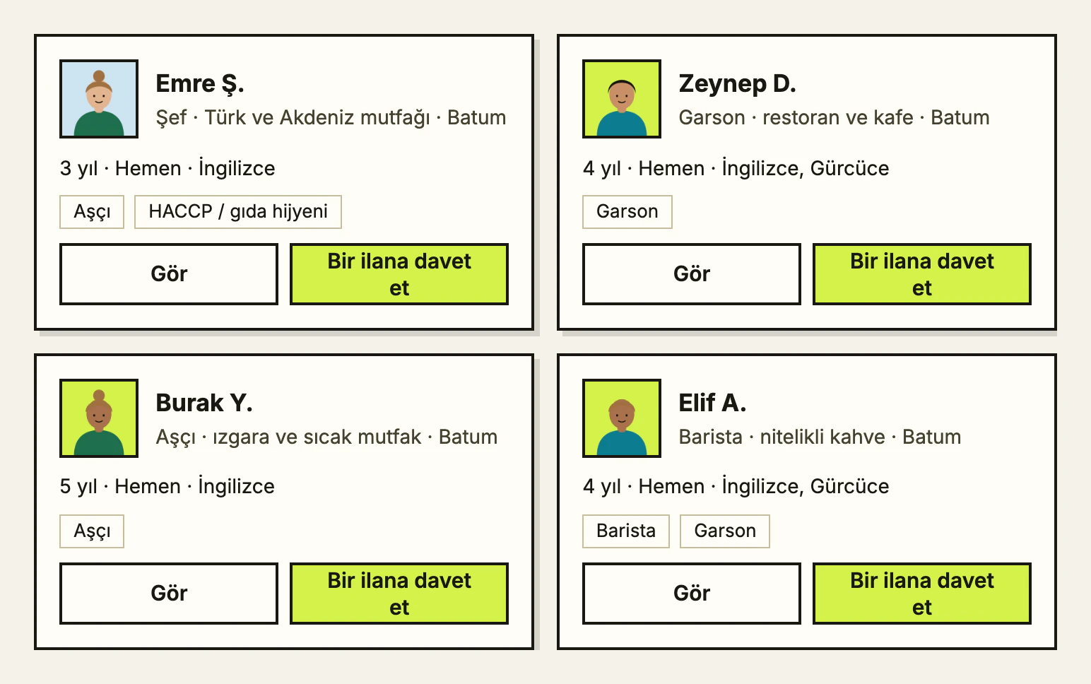 Bilgisayarda Adaylar listesi: meslek ve şehre göre iş arayanlar; ad ve soyadının baş harfi, yaptıkları iş ve ne zaman başlayabilecekleri.