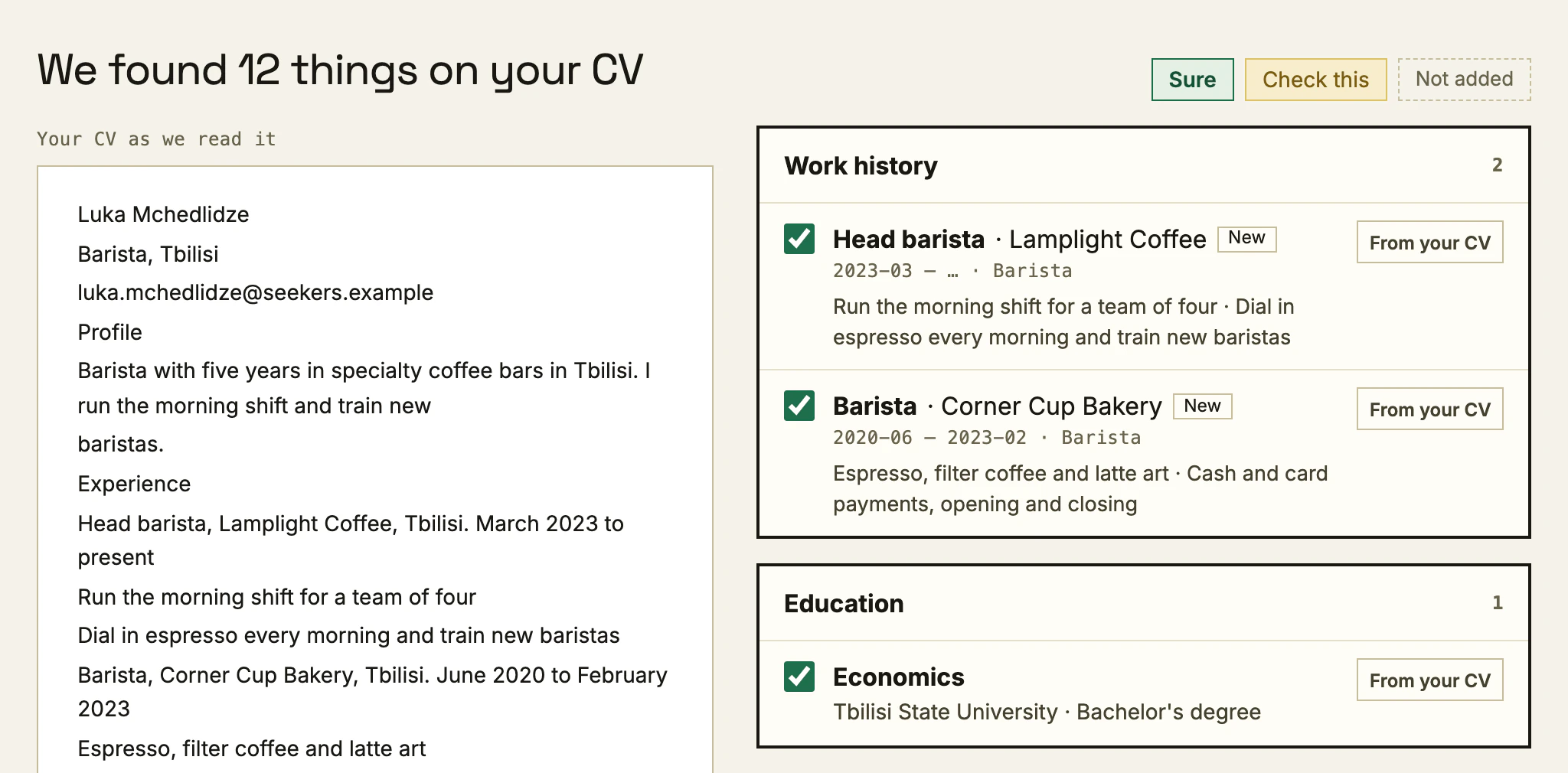 The CV scanner’s review on a computer: the CV as it was read, line by line, beside the jobs and education it found, each with a tick box.