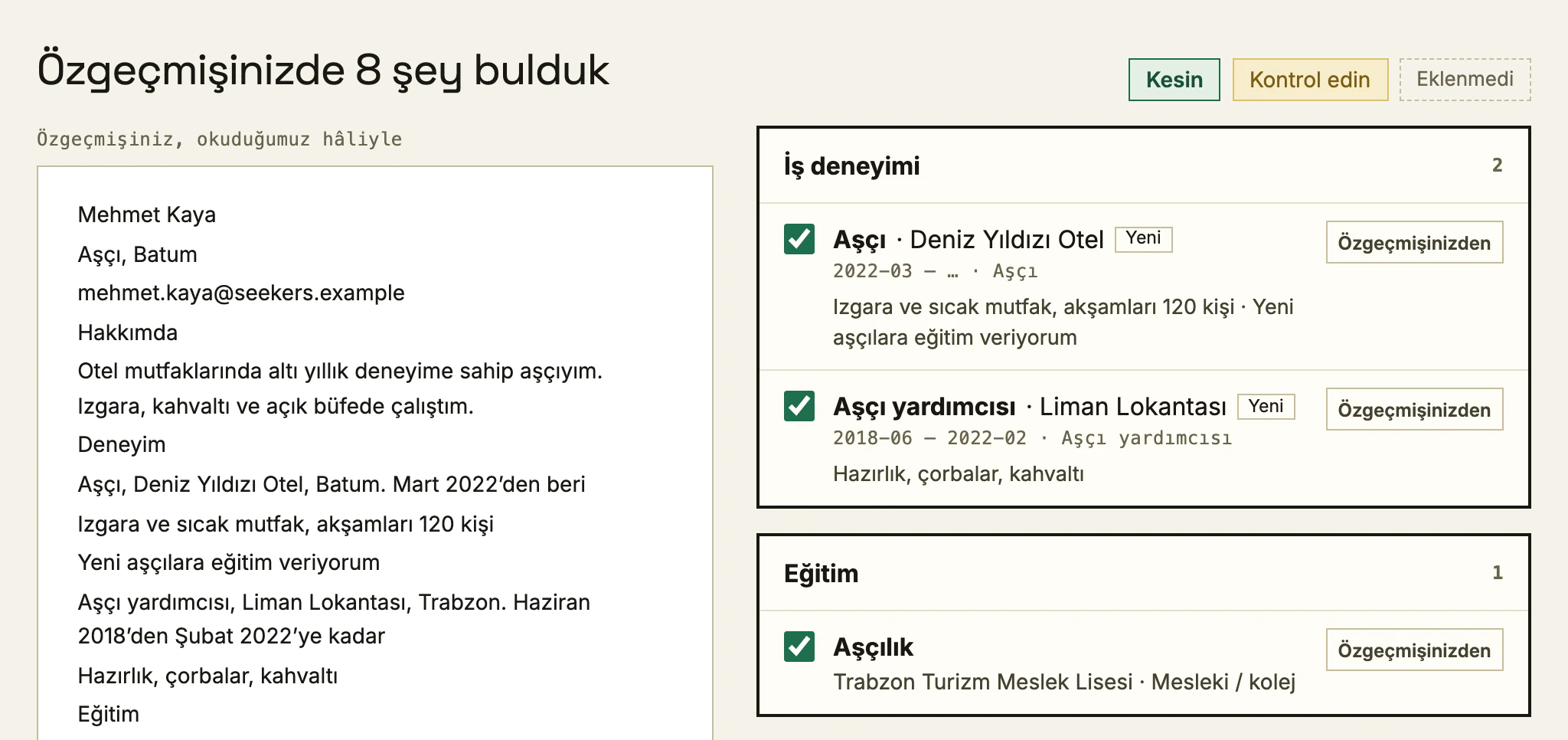 Bilgisayarda CV tarayıcısının kontrol ekranı: satır satır okunan CV ve yanında bulunan işler ve eğitim, her birinin yanında bir onay kutusu.