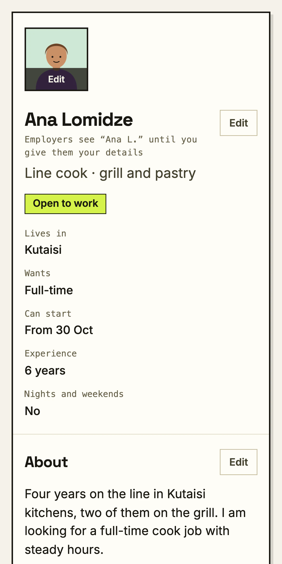 My profile on a phone: how complete the profile is and the sections to fill in.