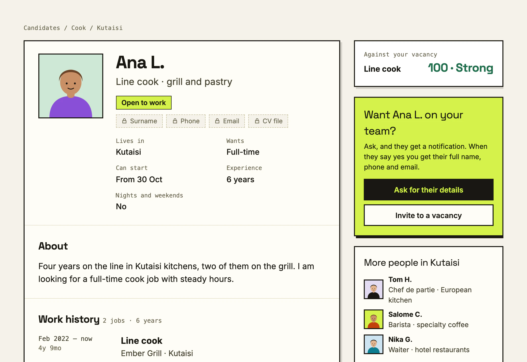 A job seeker’s profile as an employer sees it on a computer, with the panel to ask for their details or invite them to a vacancy.