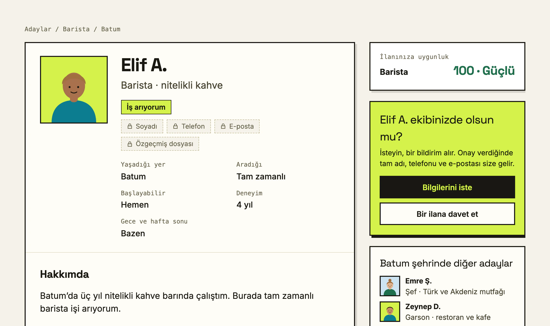Bir iş arayanın profili, bir işverenin bilgisayarda gördüğü gibi; bilgilerini isteme ya da bir ilana davet etme paneliyle.