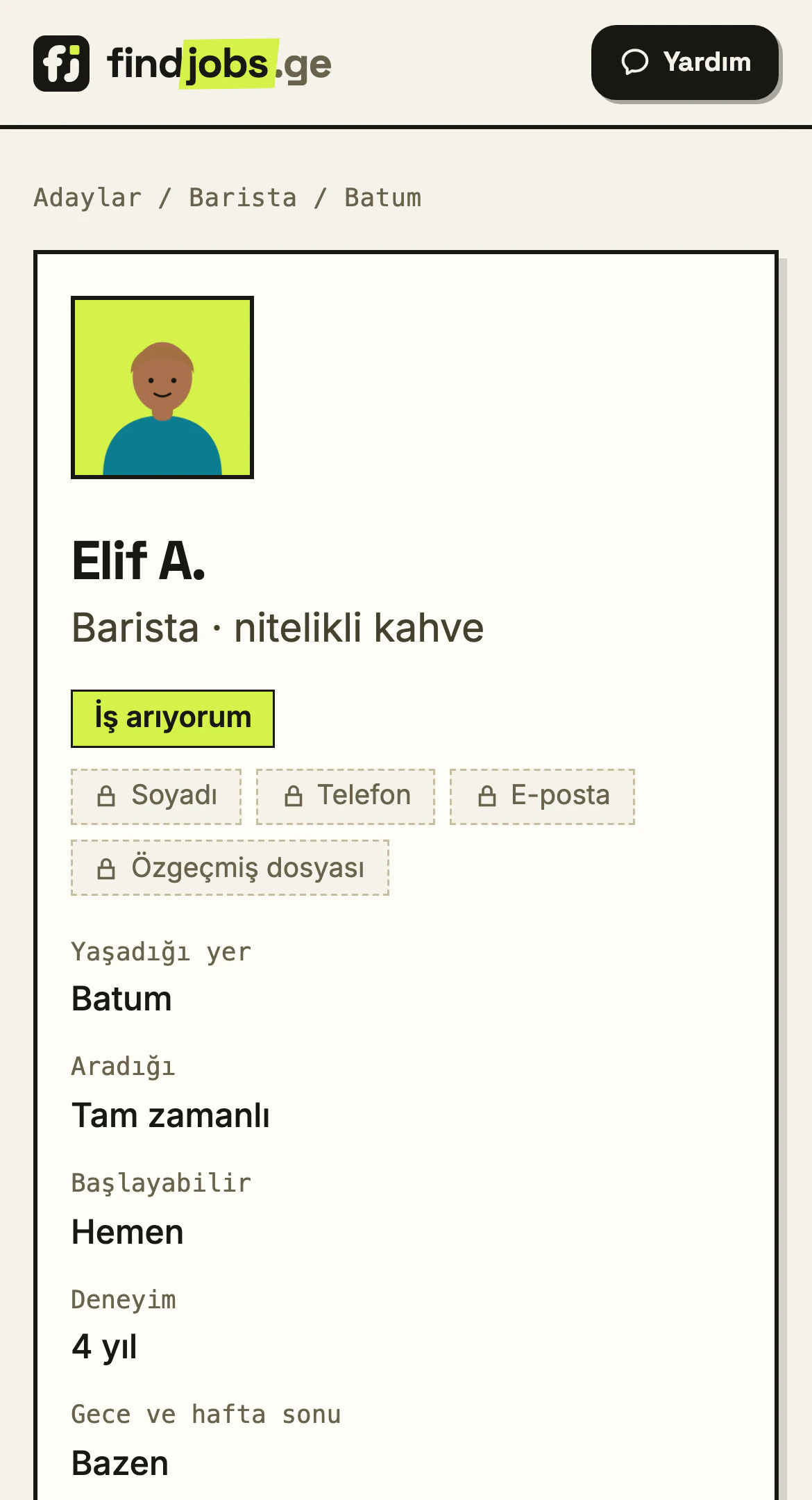 Bir iş arayanın herkese açık profili: ad ve soyadının baş harfi, yaptığı iş, iş arıyor bilgisi ve kilitli soyadı, telefon, e-posta ve CV dosyası.