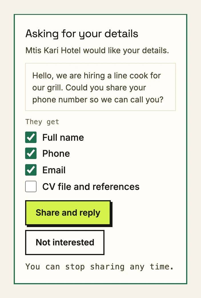 A request from an employer on My profile, with the details they asked for and the choice to share them.