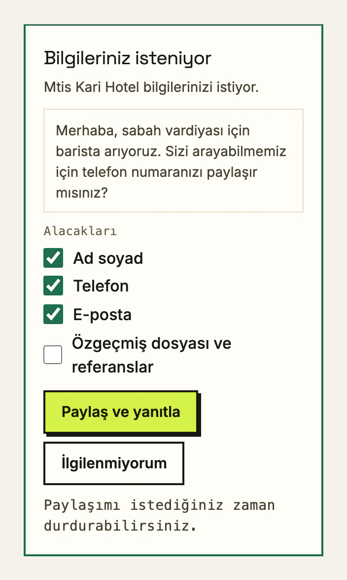 Profilim sayfasında bir işverenin isteği: istenen bilgiler ve onları paylaşma seçeneği.