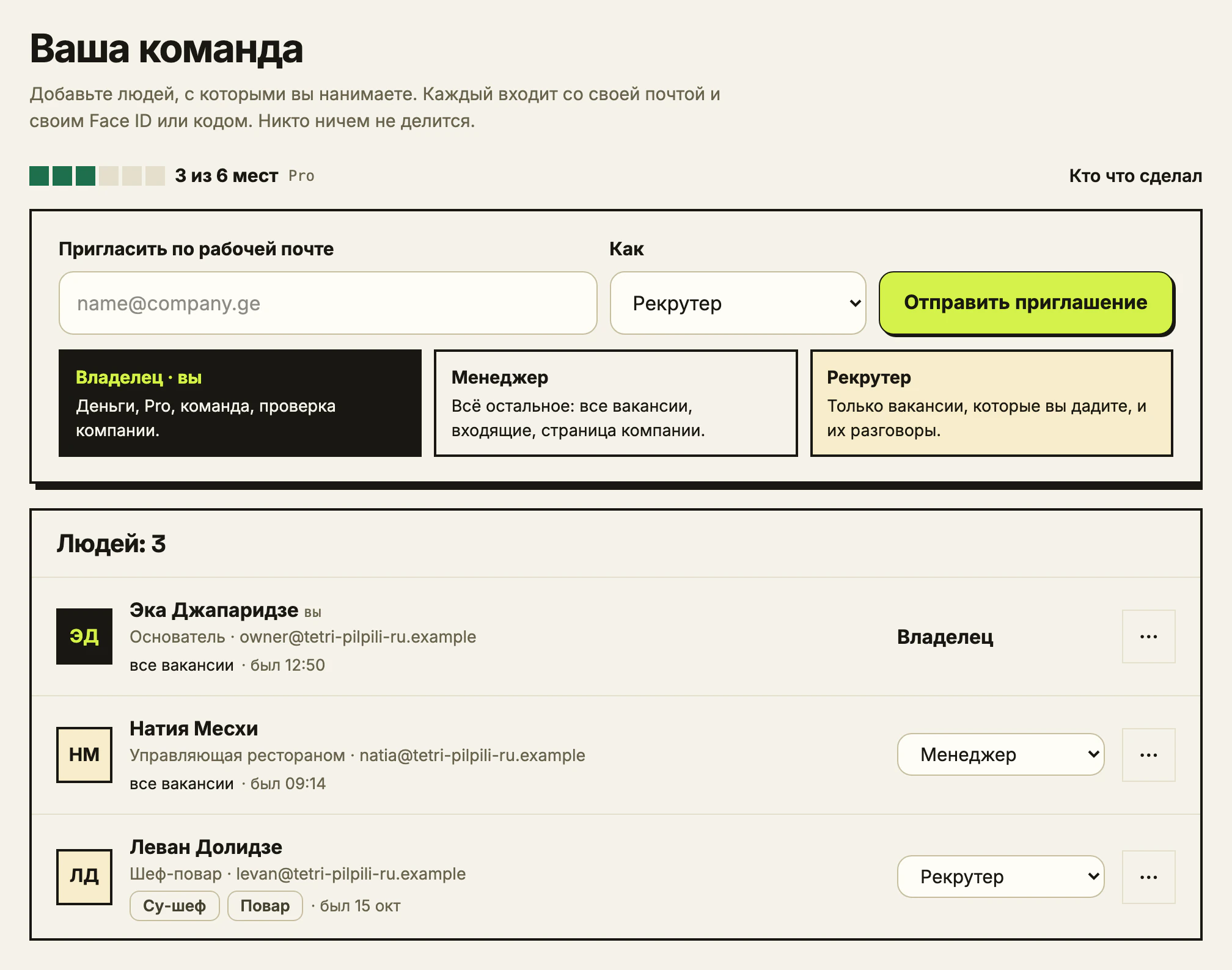 Страница «Команда» в рабочем месте работодателя: люди, их роли и строка приглашения.